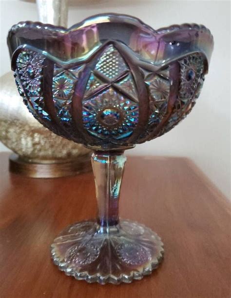 Smoky Purple Iridescent Carnival Glass Bowl Compote Imperial Etsy