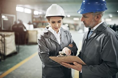 Homem e mulher lista de verificação clipboard na fábrica para