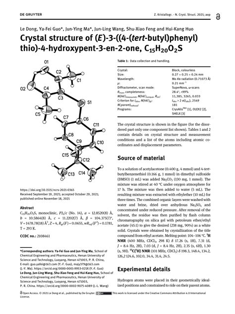 PDF Crystal Structure Of E 3 4 Tert Butyl Phenyl Thio 4