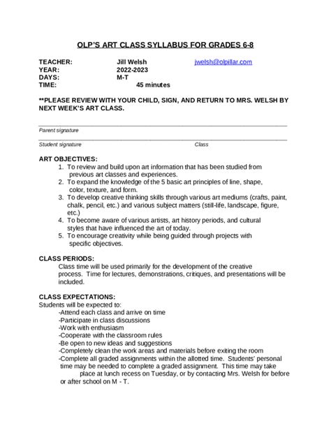 Olps Art Class Syllabus For Grades 6 8 Doc Template Pdffiller