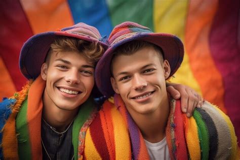 Premium Ai Image A Beautiful Happy Gay Couple With Rainbow Colors In A Flower Field Lgbtq