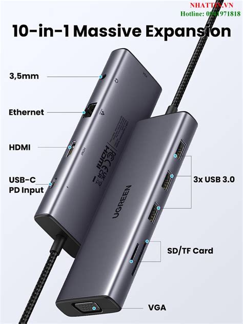 Hub USB Type C 10 Trong 1 Ra HDMI VGA USB Lan 1Gbps 3 5mm SD TF