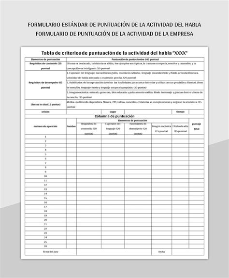 Plantilla De Formato Excel Formulario Est Ndar De Puntuaci N De La