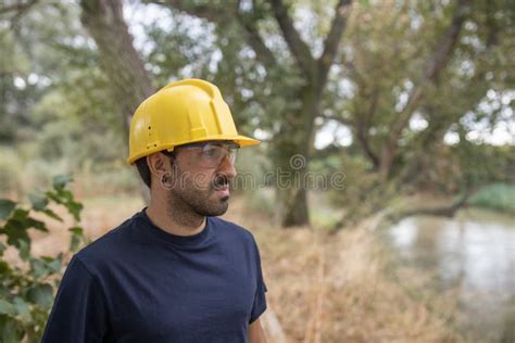 Lumberjack With Ax Helmet And Tablet Stock Photo Image Of Strong