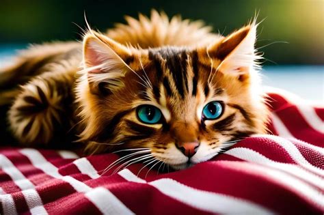 Premium Ai Image Cute Kitten With Striped Fur Sleeping On Blanket