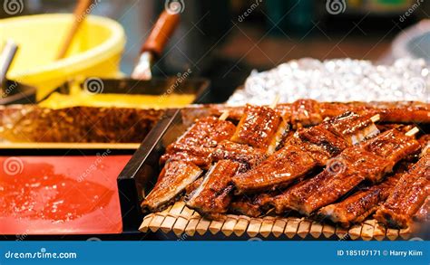 Japanese Food Grilled Eels At The Market At Osaka Japan Stock Image