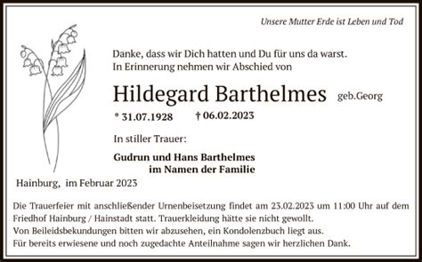 Traueranzeigen Von Hildegard Barthelmes Trauer Op Online De