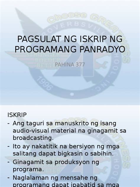 Pagsulat Ng Iskrip Ng Programang Panradyo