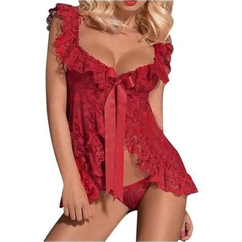 Pyjama Chemise De Nuit Lingerie Femme Nuisette En Dentelle Rouge Rouge Cdiscount Pr T Porter