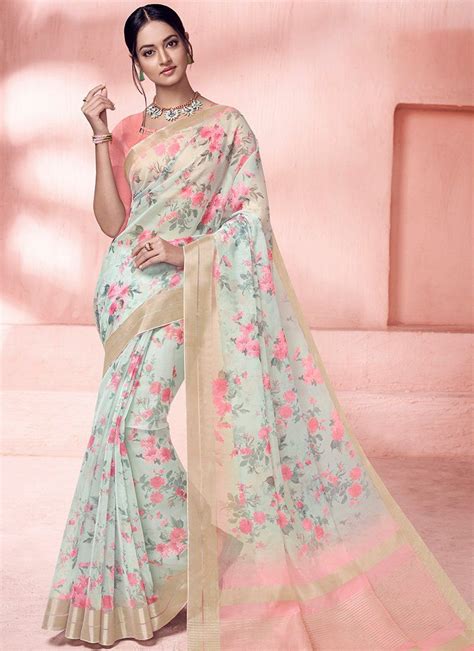 Grey Floral Printed Organza Saree With Blouse Ubicaciondepersonas