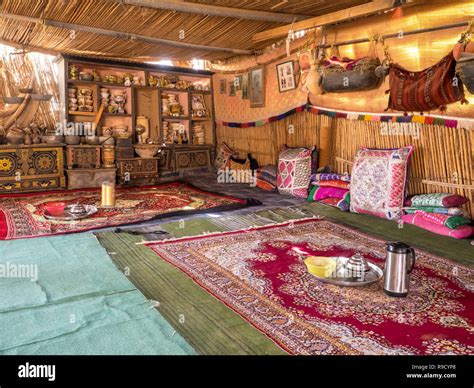 Bedouin tent interior in Oman desert village, Wahiba Sands Stock Photo ...