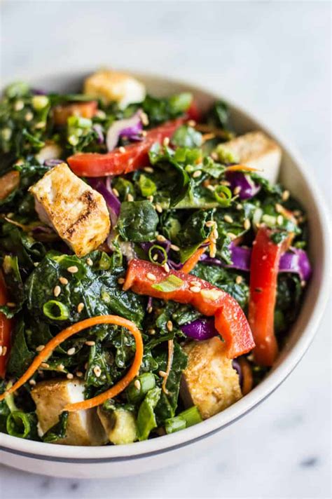 Kale Salad With Fried Tofu And Miso Ginger Dressing Healthy Nibbles