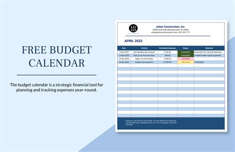 Free Budget Calendar - Excel, Google Sheets | Template.net