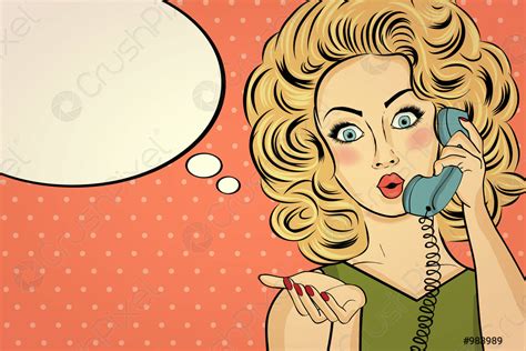 Surprised Pop Art Woman With Retro Phone Who Tells Her Stock Vector