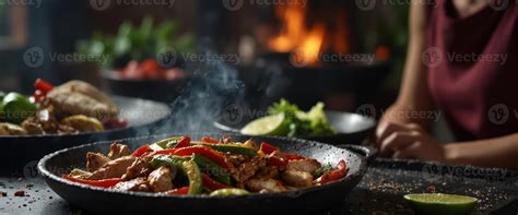 Mexican Traditional Food Chicken Fajitas Served On A Hot Smoking Sizzling Plate 46941019 Stock