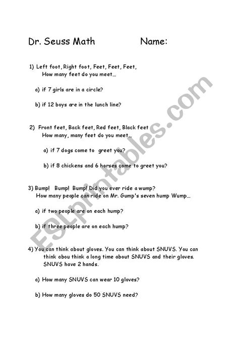 Dr Seuss Math Esl Worksheet By Karineryan