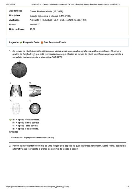 Avaliação 1 De Cálculo Diferencial E Integral Ii Mad103 Uniasselvi