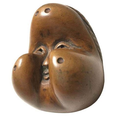 Signed Th C Wooden Japanese Otafuku Okame Netsuke Mask Mennetsuke