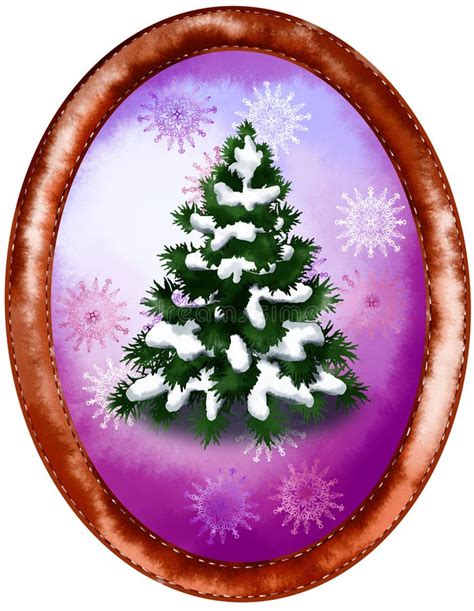 Cute Cartoon Watercolor Winter Christmas Trees In Oval Frame Stock