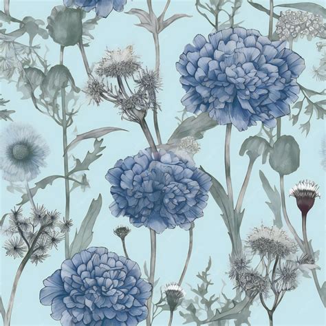 Premium Photo | A blue and white floral wallpaper with a blue flower