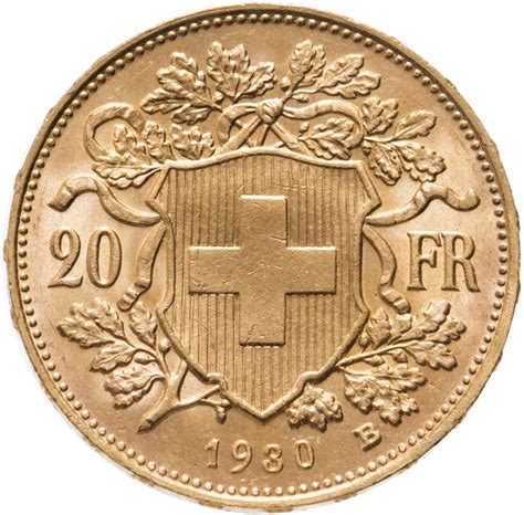 Монета Швейцария 20 франков (francs) 1930 стоимостью 36421 руб.