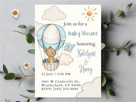 Teddy Bear On Hot Air Balloon Baby Shower Invitation Template Etsy