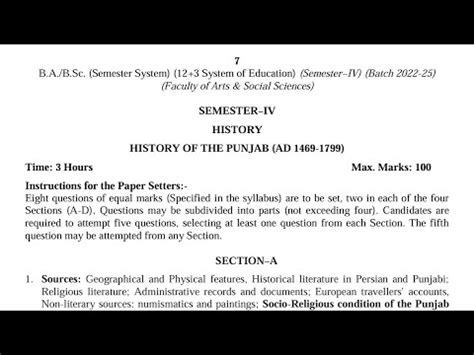 BA 4th Semester History Syllabus 2024 GNDU University Ba 4th Semester