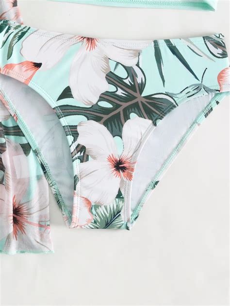 Conjunto De Bikini Con Estampado Tropical Y Cruzado Para Ni A