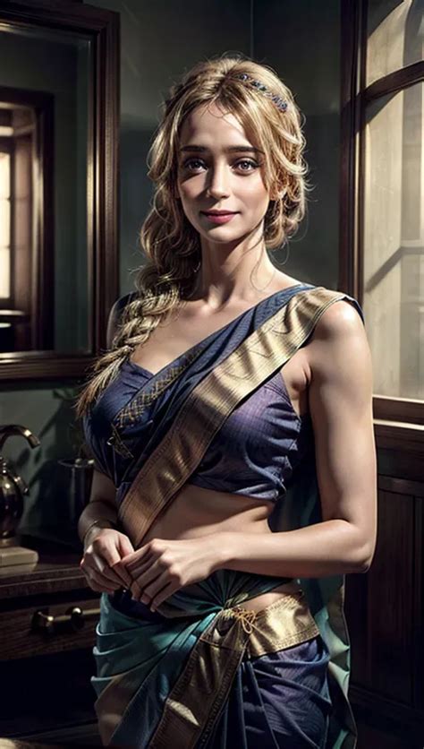 Dopamine Girl A Digital Photograph Of Beautiful Blonde Woman Trying A Traditional Sari In A