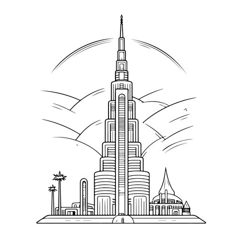 Sketch Hand drawn single line art coloring page Menara Burj Khalifa day ...