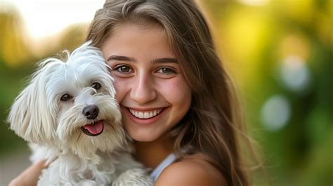 AI generated A beautiful girl smiling holds a beautiful white Maltese dog in her arms 39076293