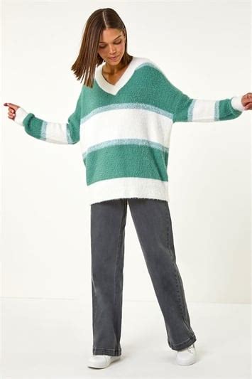 Taupe V Neck Stripe Knit Jumper Roman Uk