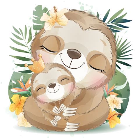 Premium Vector Cute Sloth Mother And Baby With Watercolor