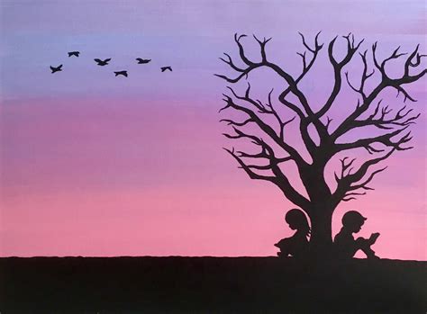 Pink Sunset Tree Silhouette Painting Girl Boy Reading Handmade