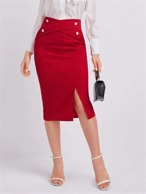 Buttoned Crisscross Front Split Hem Pencil Skirt Shein Eur