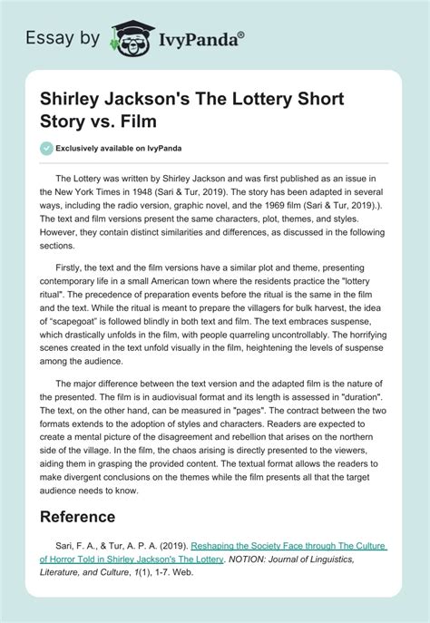 Shirley Jackson S The Lottery Short Story Vs Film 297 Words Essay