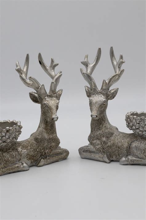 Christmas Stag Candle Holders Decoration Tealight Silver Home Xmas