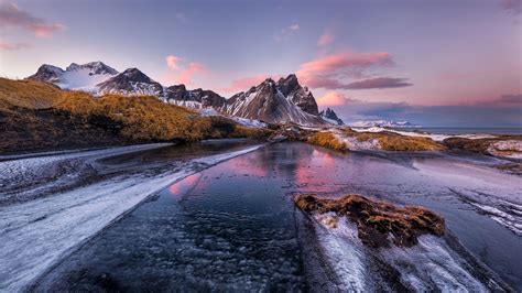 Winter Snow Sunset Coast Vestrahorn Iceland 5K Preview | 10wallpaper.com