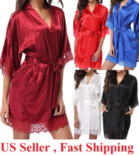 Sexy Robe Satin Lingerie Women Lace Dress Babydoll Nightgown Sleepwear Pajamas Ebay