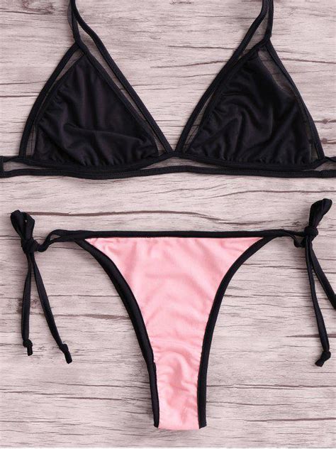 13 OFF 2021 Drawstring Hit Color Halter Bikini Set In BLACK ZAFUL