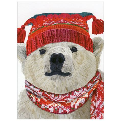 Polar Bear Wearing Festive Red Hat And Scarf Christmas Card