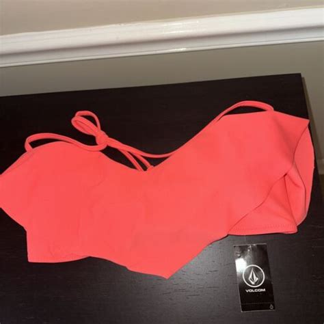 Nwt Volcom Swimsuit Bikini Bra Top Size L Electric Coral Ruffle Bandeau