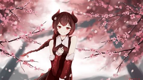 Redhead Red Eyes Anime Girl Red Dress Sakura Flowers Background 4K HD ...