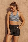 Striped Square Neck Wide Straps Sporty Bikini Top And High Waist Boy Shorts