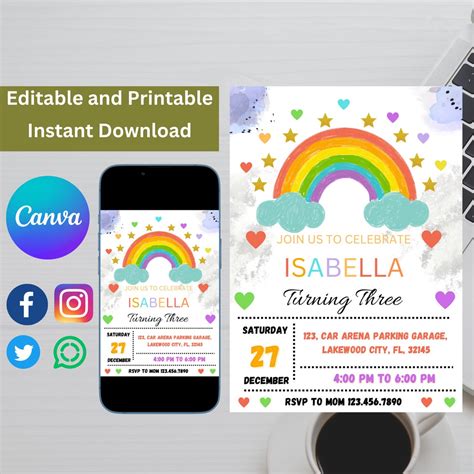 Rainbow Birthday Invitation Printable Template Editable In Etsy