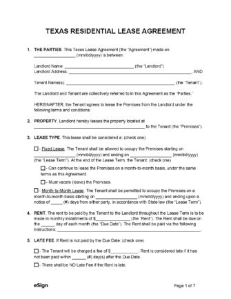 Free Texas Rental Lease Agreement Templates Pdf Word