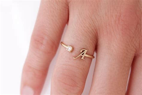 Solid Gold Diamond Initial Ring Gold Custom Letter Ring Gold K14