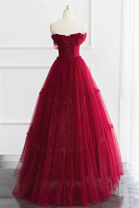 Off The Shoulder Burgundy Tulle Long Prom Dresses Wine Red Long Tulle