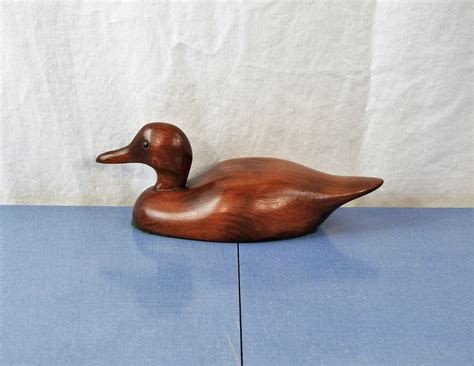 Vintage Wooden Duck Carved Brown Sitting Water Fowl Glass Eyes