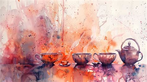 Watercolor Tea Setup Vivid Painting Of Teapot And Tea Cups On A